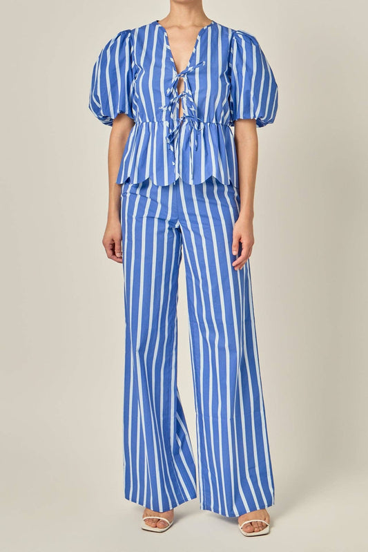 Stripe Tie Front with Puff Sleeve Top - English Factory