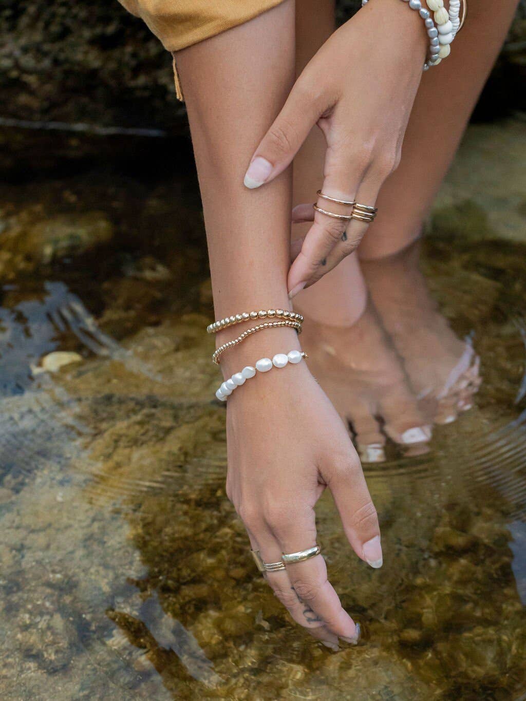 White Pearl Bracelet with Adjustable Gold Chain