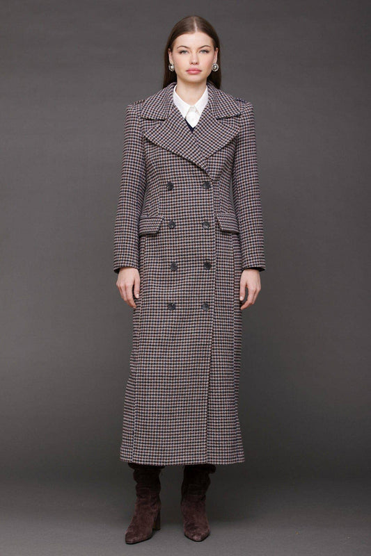 Heritage Houndstooth Maxi Coat - Grey/Navy