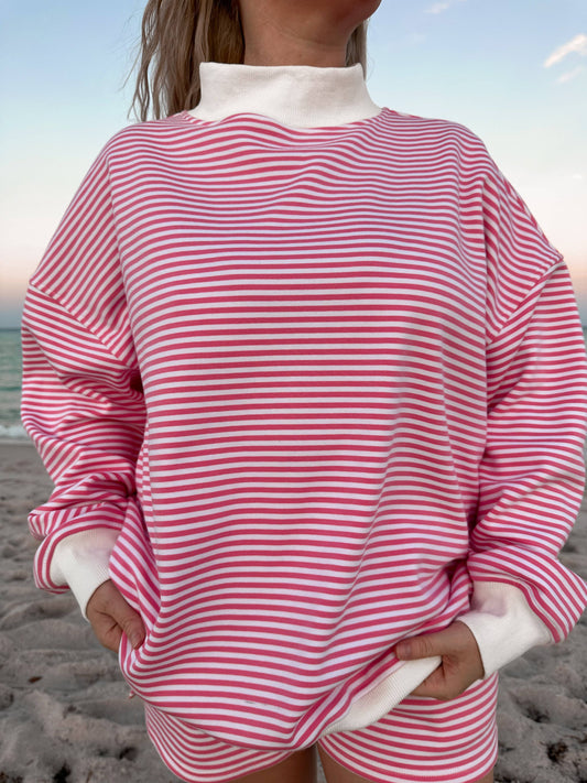 Dark Pink and White Big Striped Mockneck Sweatshirt - Sunkissed Coconut