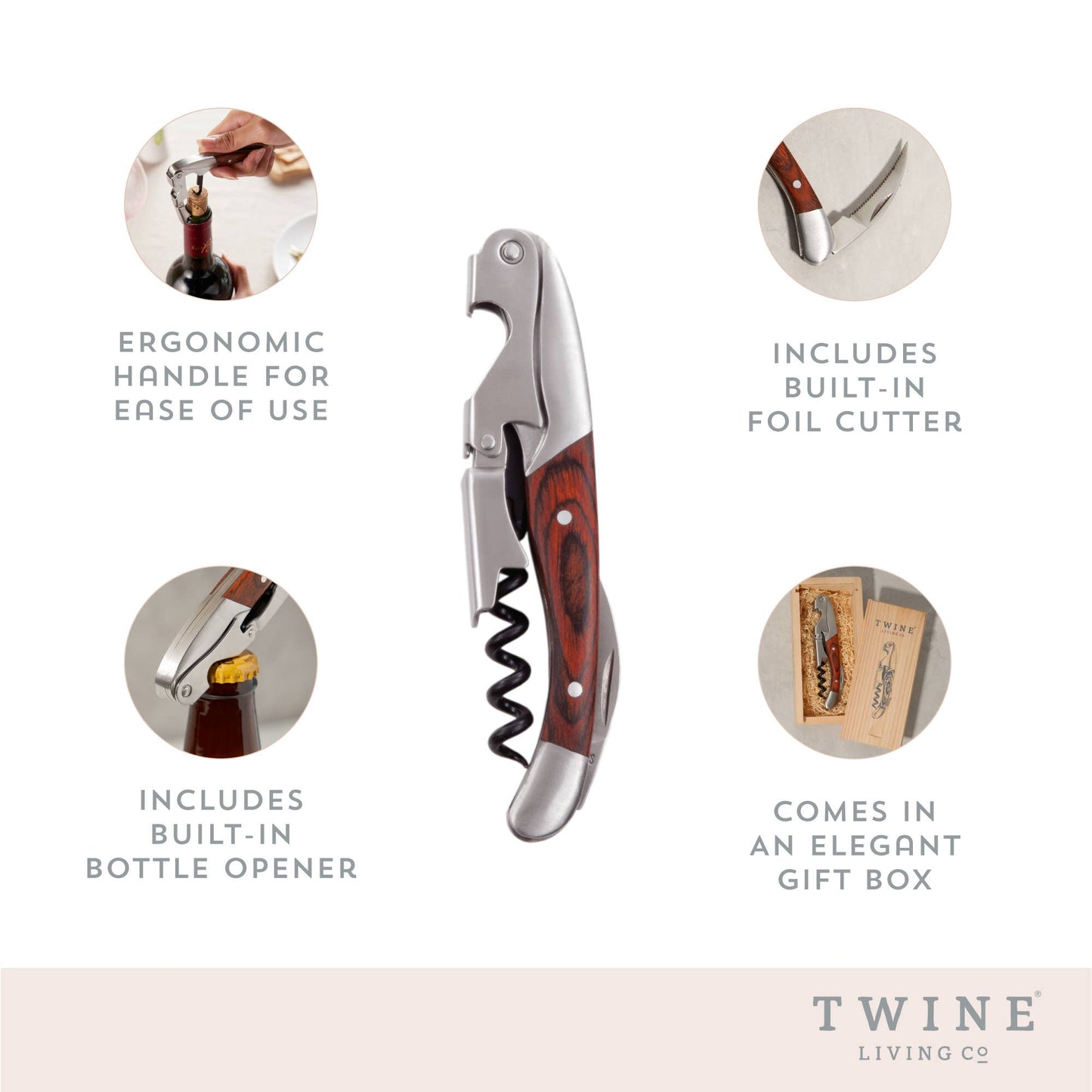 Rosewood Handle Double Hinged Corkscrew with Wood Gift Box