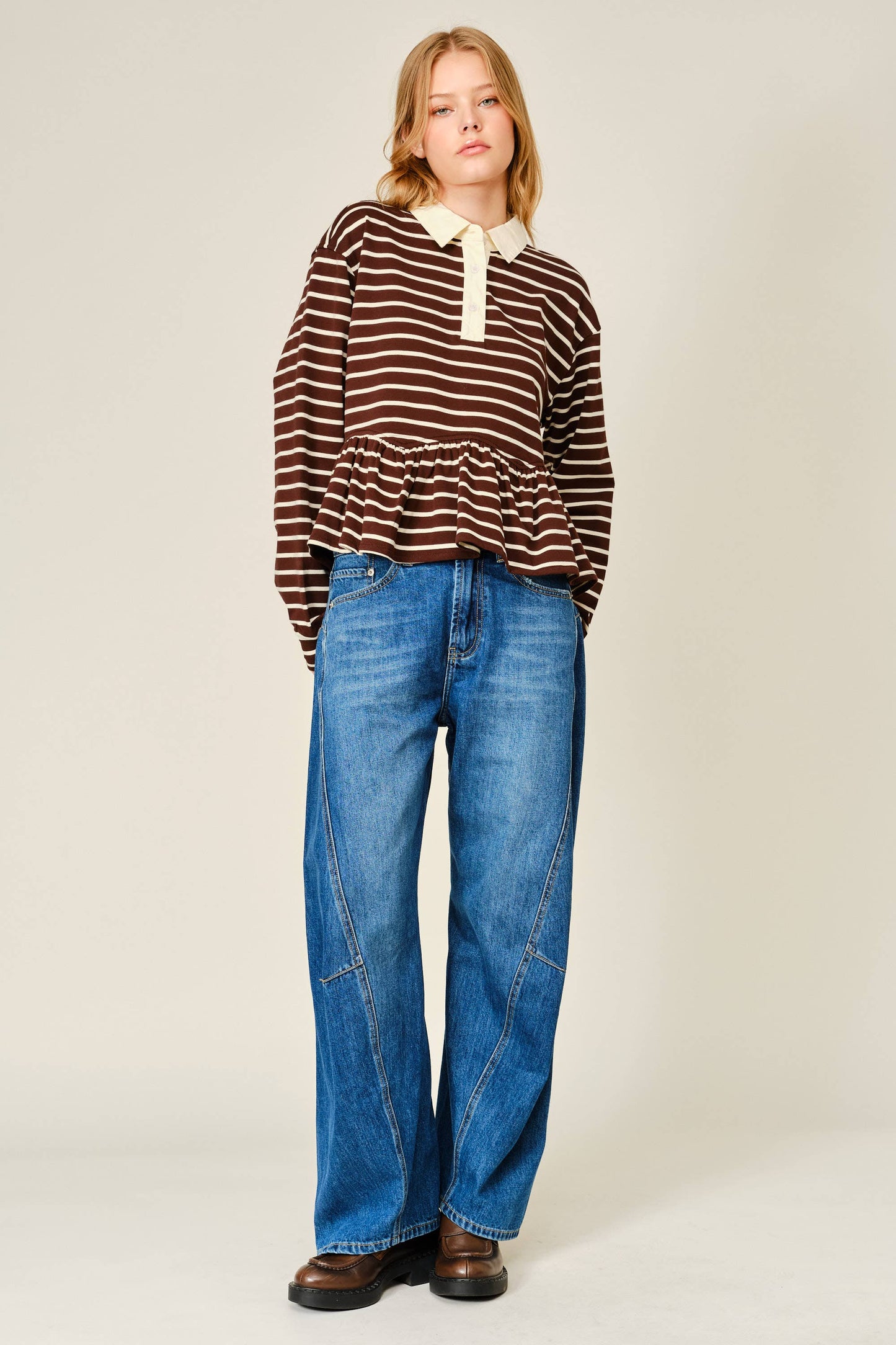 Flare Polo Sweatshirt Brown Stripes