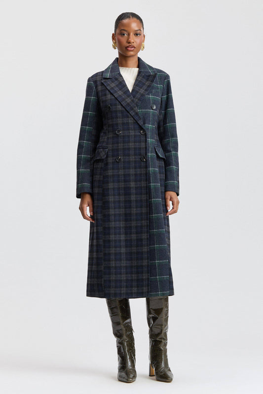 Mixed Plaid Tailored Coat - Navy-Green Plaid Multi - Avec Les Filles