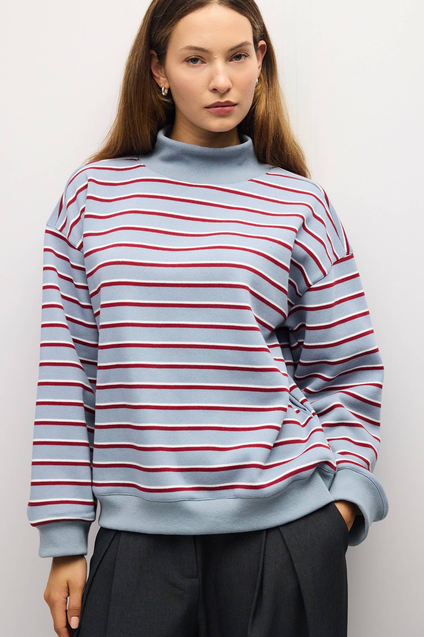 PREORDERThe Charlie Sweater Mock Neck Striped Sweater - Blue-Burgundy-White