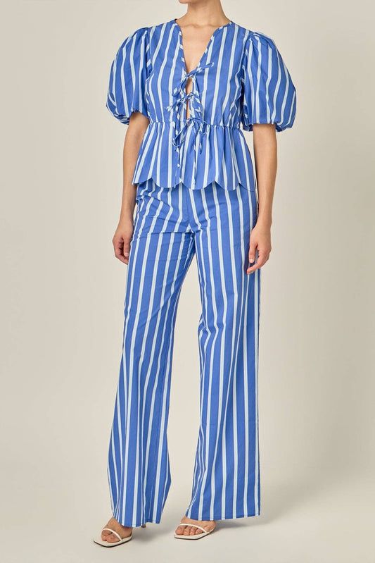 Stripe Tie Front with Puff Sleeve Top - English Factory