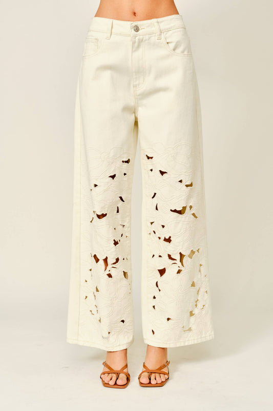 Embroidered Straight Jeans - Ivory