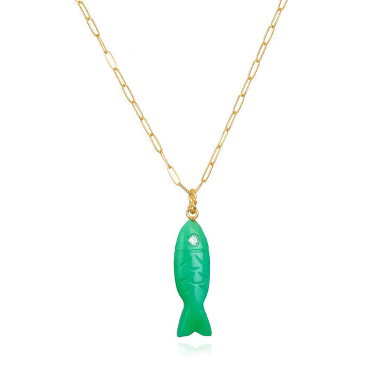 Natural Stone Fish Charm Necklace - Chrysoprase