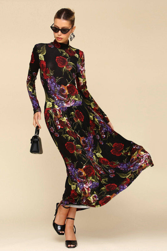 Dark Floral Drop-Waist Maxi Dress - Dark Portofino Rose