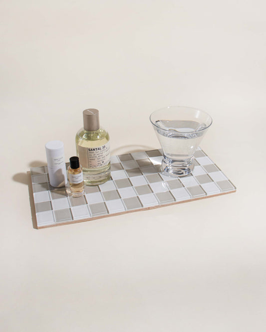Glass Tile Checkered Tray - Beige + White