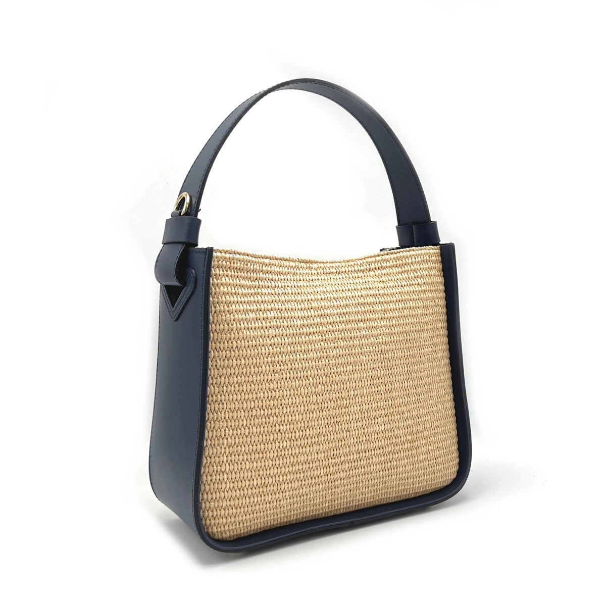Raffia and Genuine Leather Bucket Bag - Made in Italy - Navy