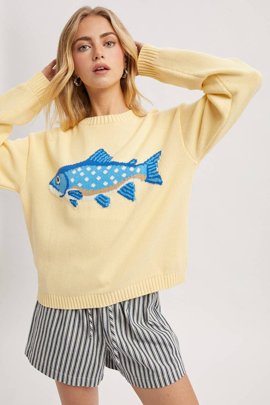 Cotton Crewneck Fish Sweater - Butter Yellow