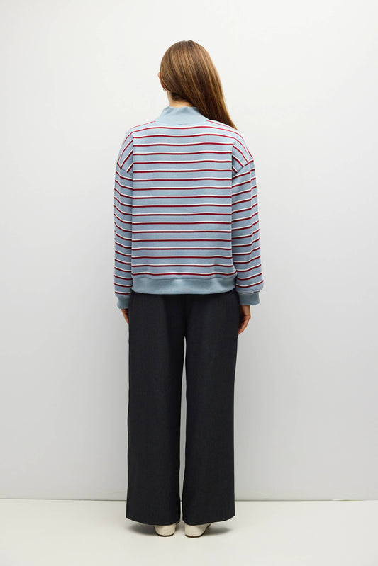 The Charlie Sweater Mock Neck Striped Sweater - Blue-Burgundy-White