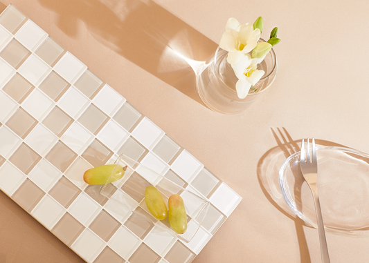 Glass Tile Checkered Tray - Beige + White
