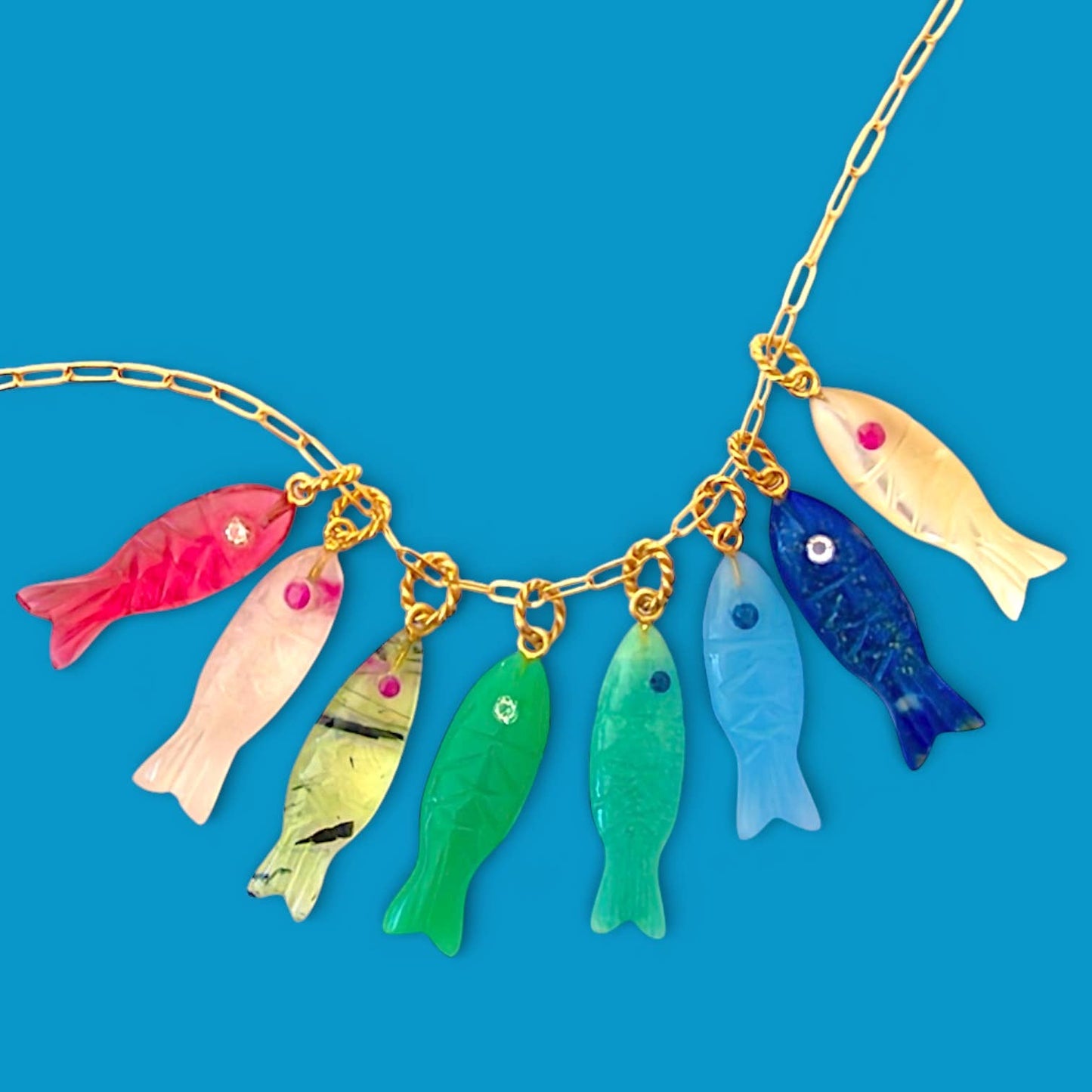 Natural Stone Fish Charm Necklace-Blue Chalcedony