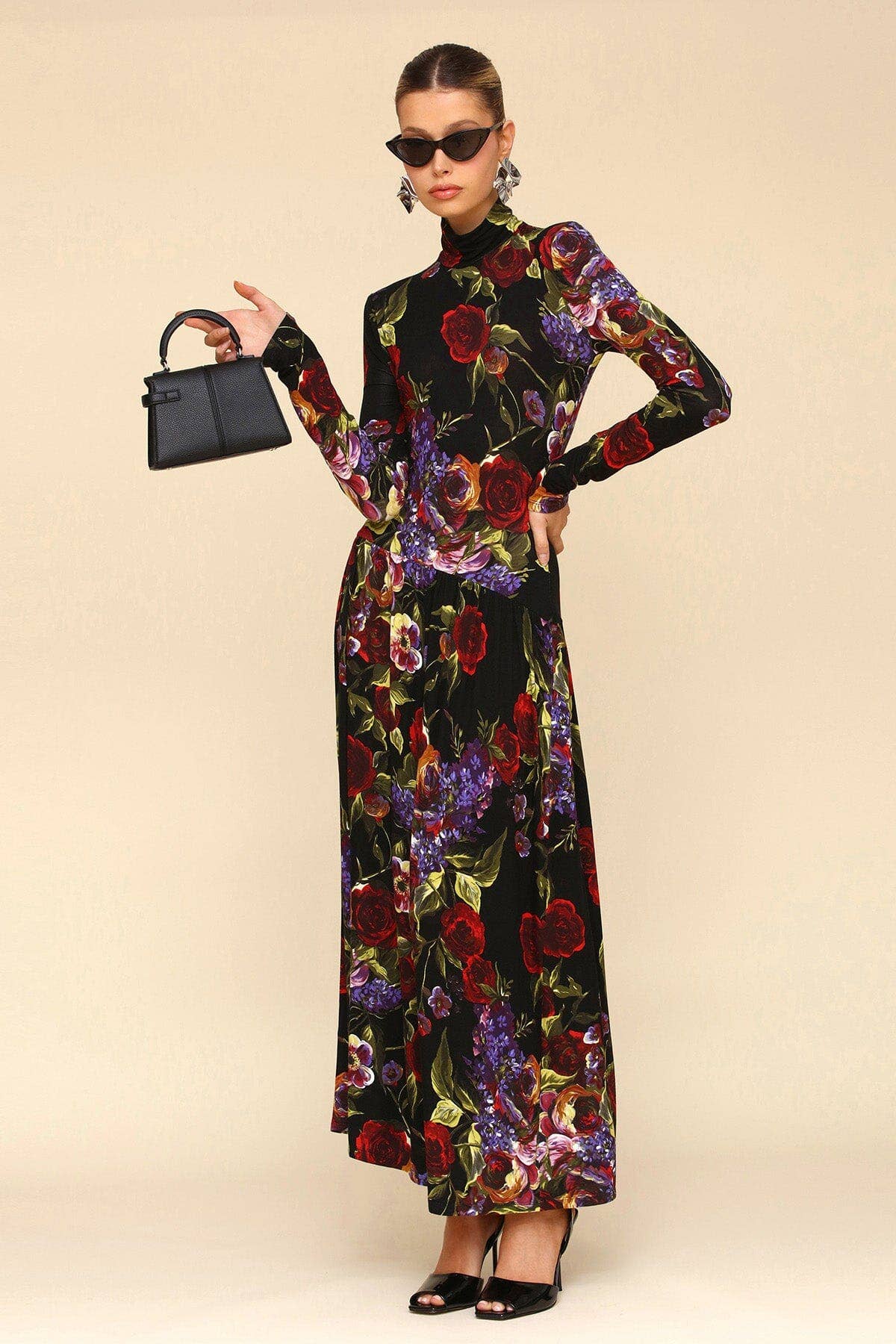 Dark Floral Drop-Waist Maxi Dress - Dark Portofino Rose
