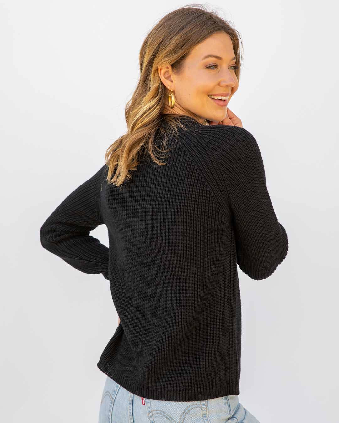 Cotton Fisherman Crewneck Sweater - Black