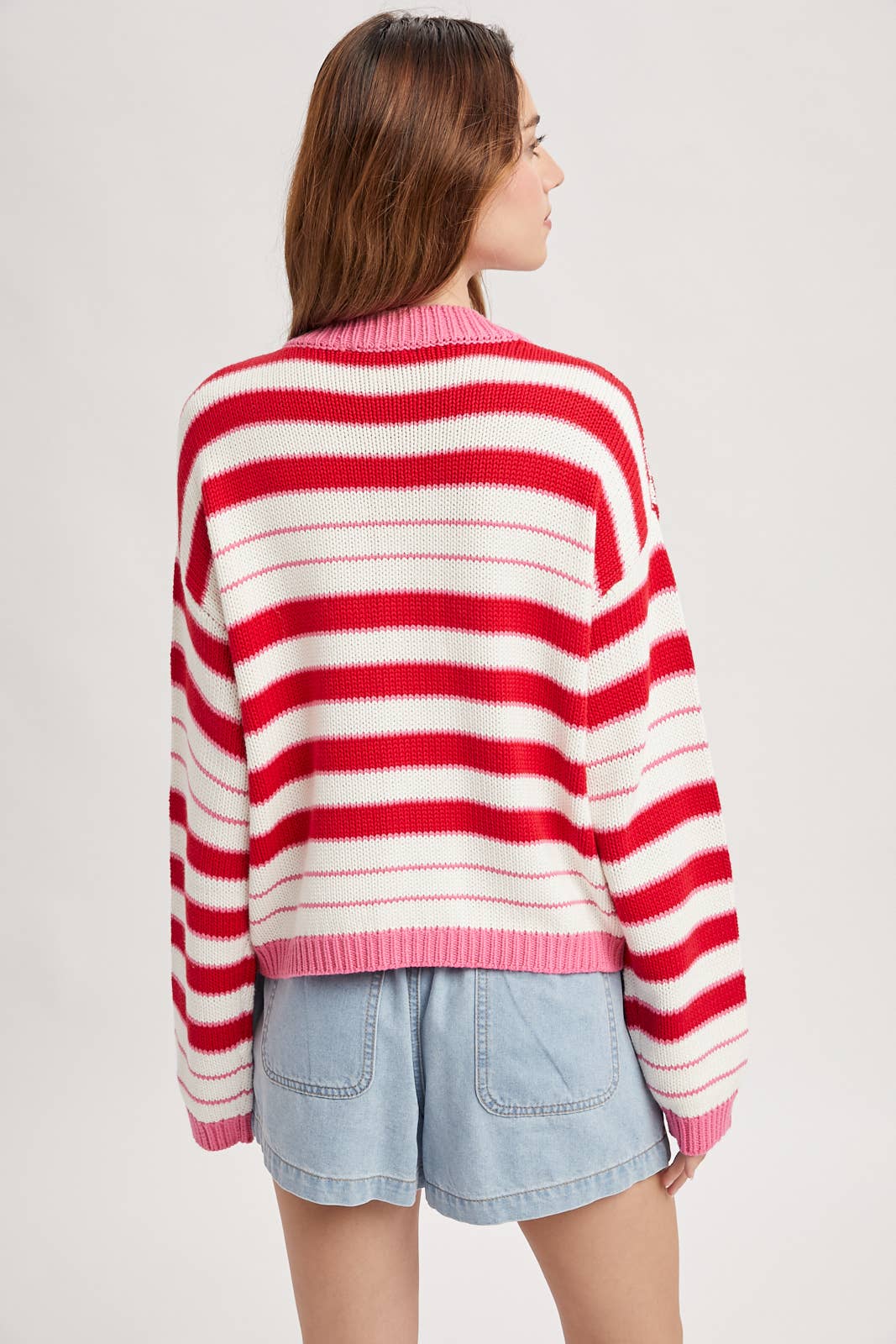 Striped Cotton Cardigan - Pink/Red