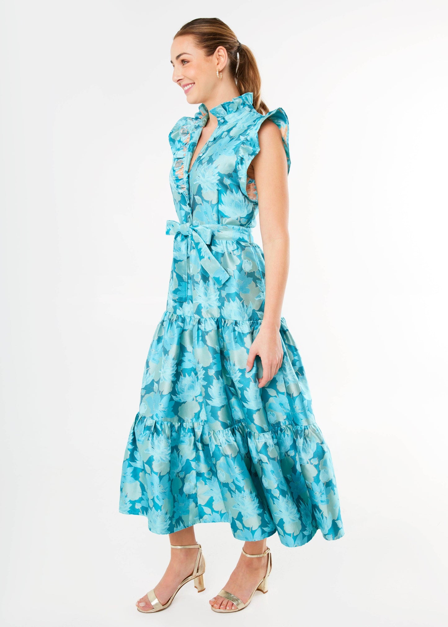 Sleeveless Sadie Maxi Dress Aqua Floral Silhouette Jacquard Blue - Abbey Glass