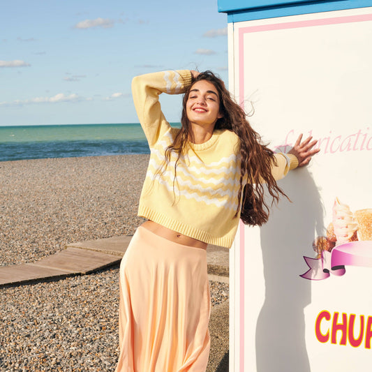 Wavy Stripe Cotton Sweater in Light Yellow - Gigi Knitwear