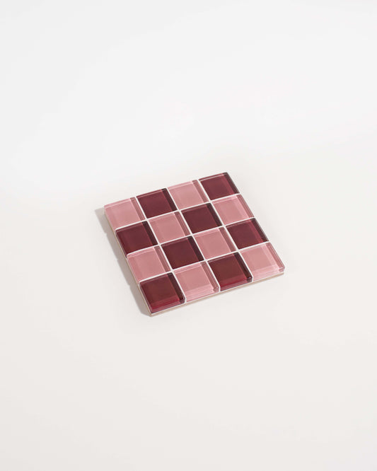 Glass Tile Coaster Checkered - Blush/Burgundy - Subtle Art Studios