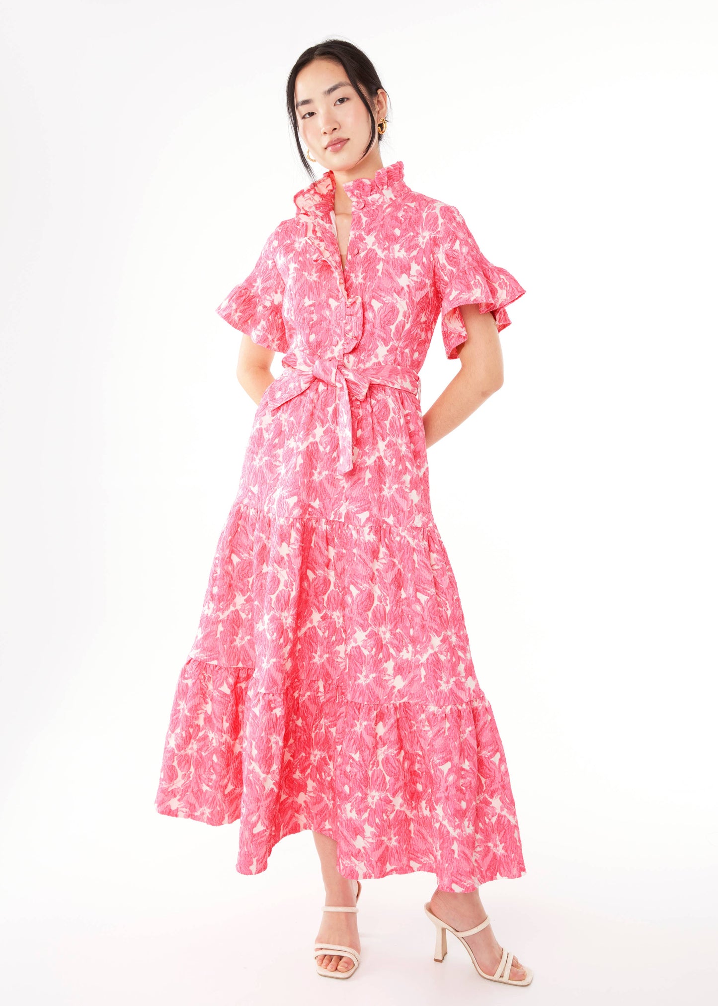 Sadie Maxi Dress Hot Pink Hibiscus Jacquard - Abbey Glass