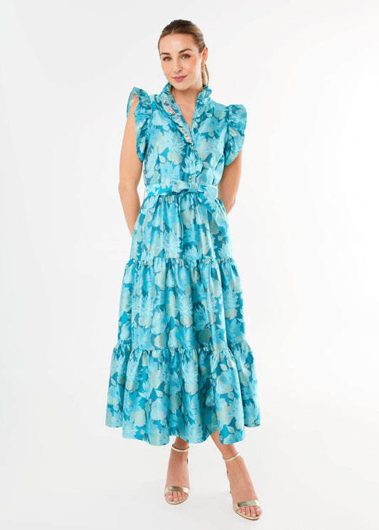 Sleeveless Sadie Maxi Dress Aqua Floral Silhouette Jacquard Blue - Abbey Glass