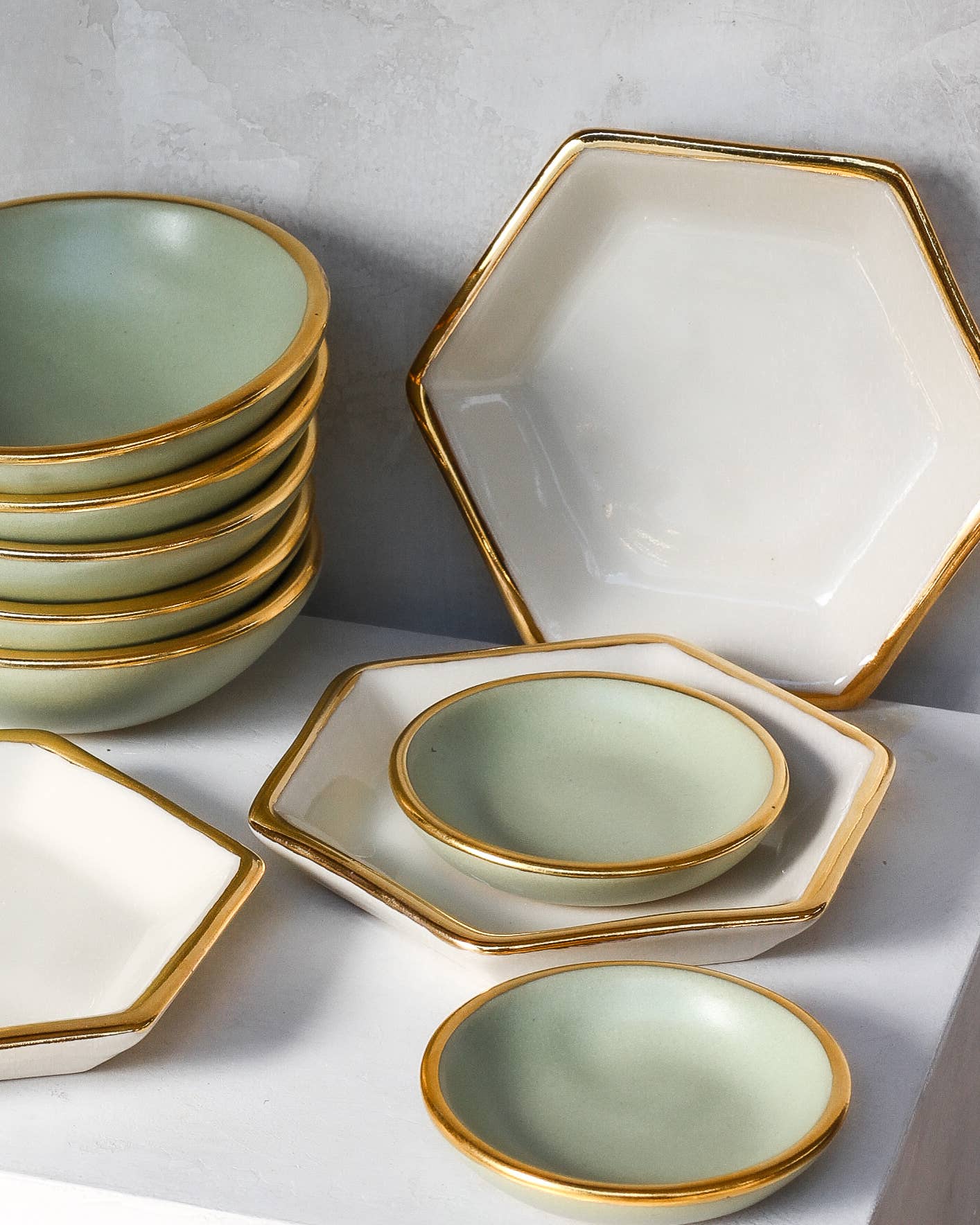Sage Green Ring Dish Handmade Pottery with Gold