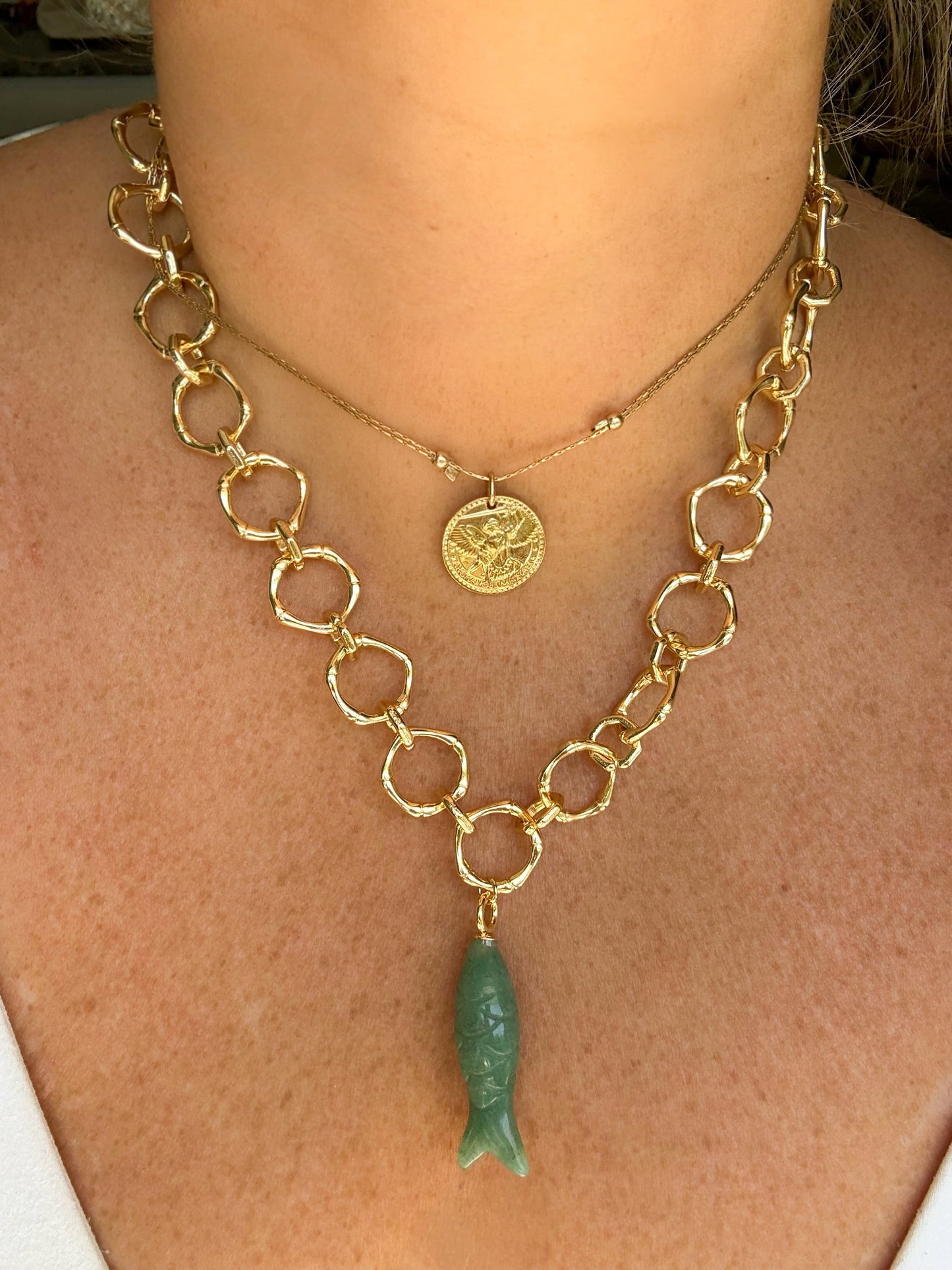Green Aventurine Fish on 18kt Gold Filled Rolo Chain - Handmade in RI