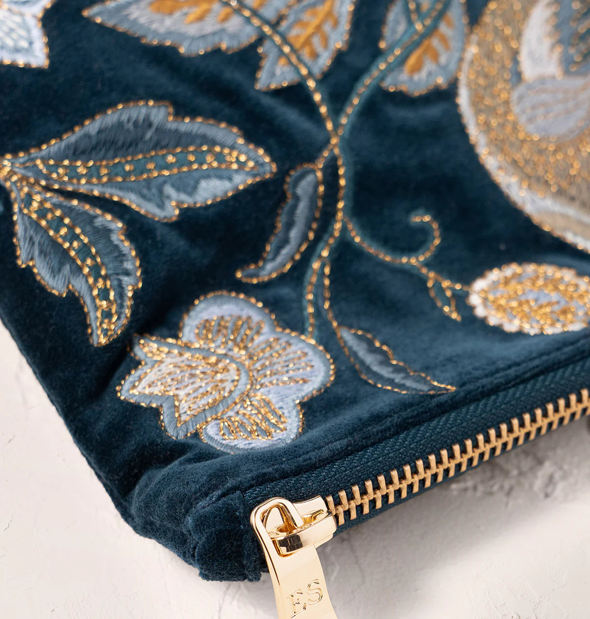 Botanical Birds Velvet Everyday Pouch - Ink Blue - Elizabeth Scarlett