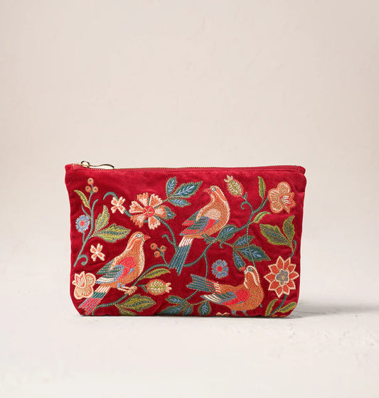 Botanical Birds Velvet Everyday Pouch - Rouge - Elizabeth Scarlett