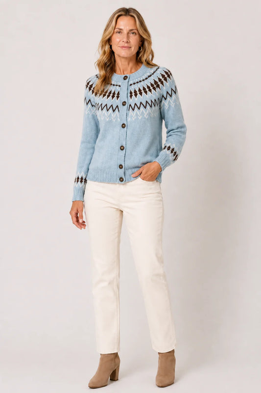 The Willa Fair Isle Cardigan - Sky Combo - Burgess Collection