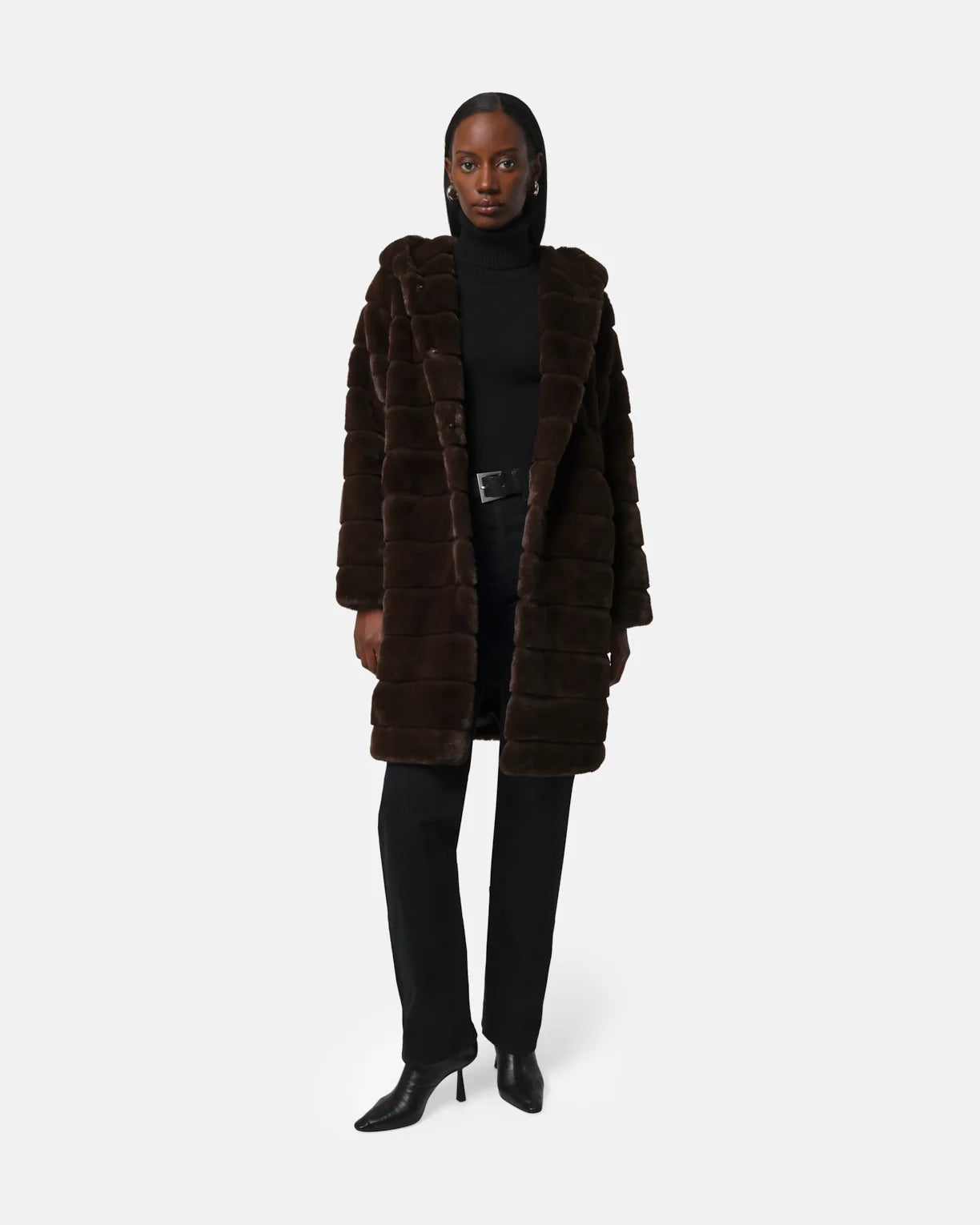 Celina Hooded Faux Fur Coat - Espresso - Apparis