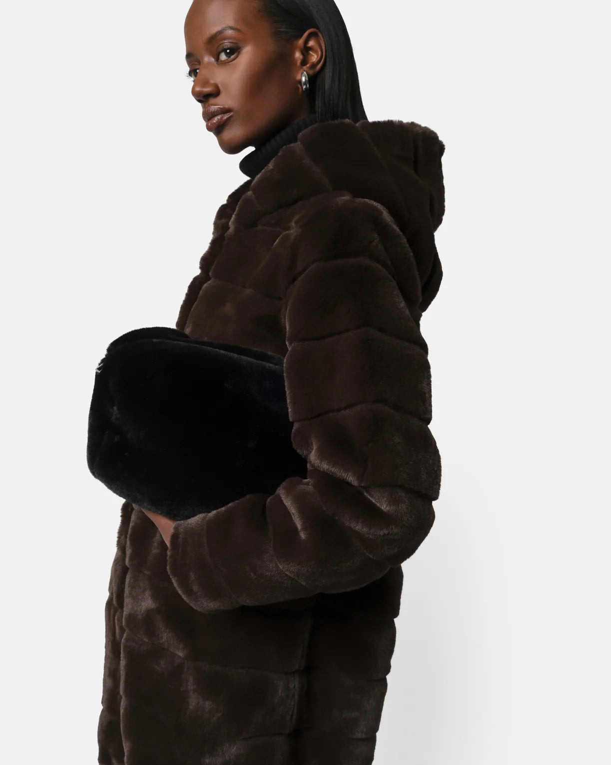 Celina Hooded Faux Fur Coat - Espresso - Apparis