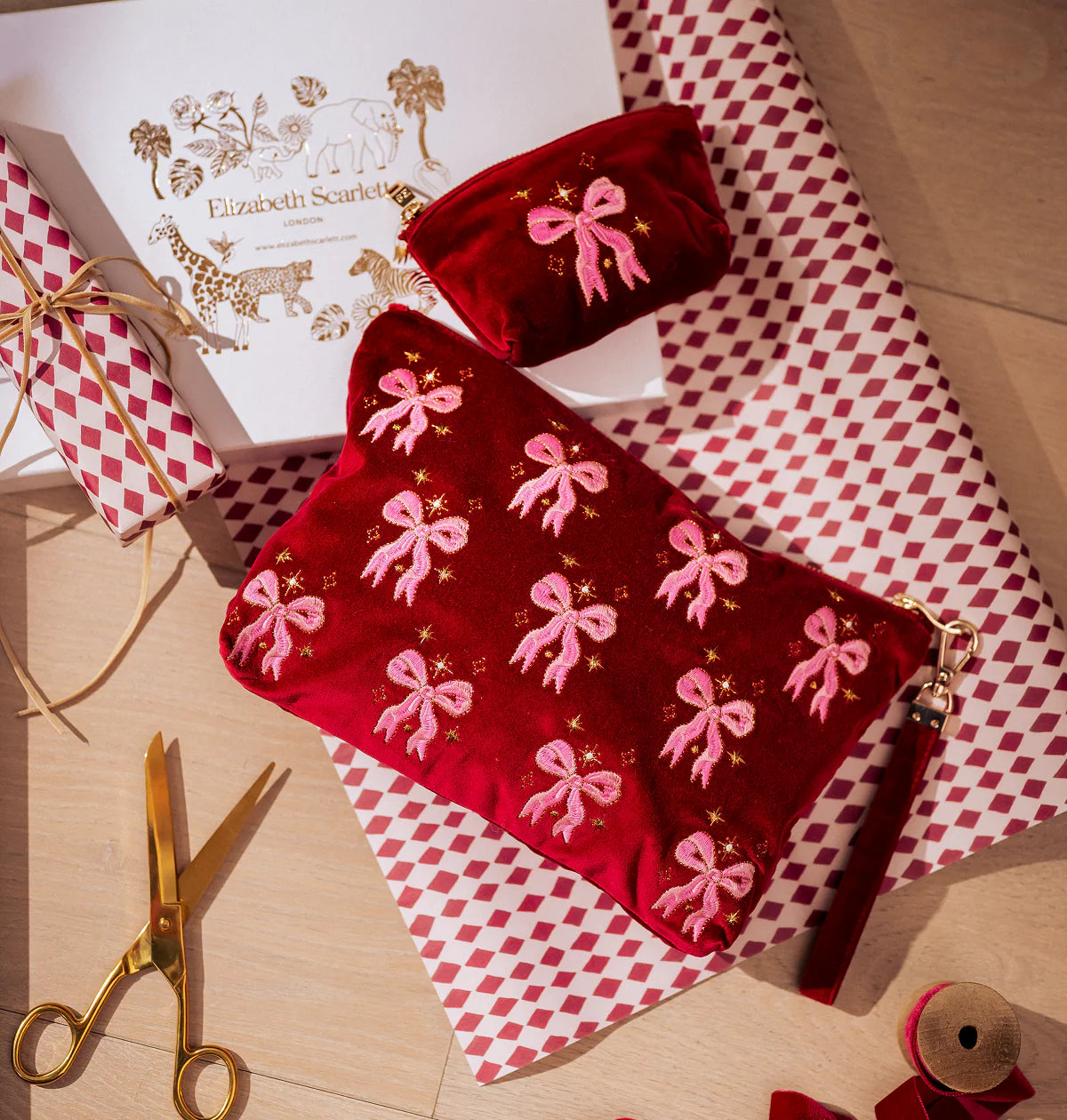 Dazzling Bows Velvet Everyday Pouch - Rouge - Elizabeth Scarlett