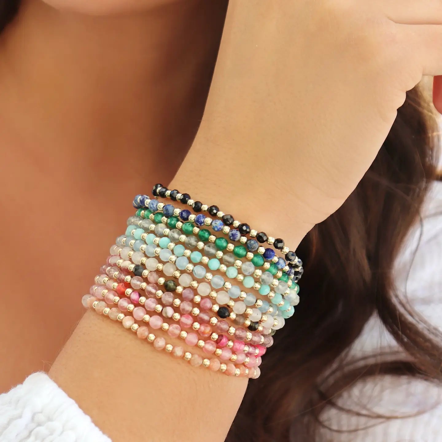 Elley Handmade Stretchy Gemstone Bracelet Gold Filled - Aqua - Kaylie Dawn Jewelry