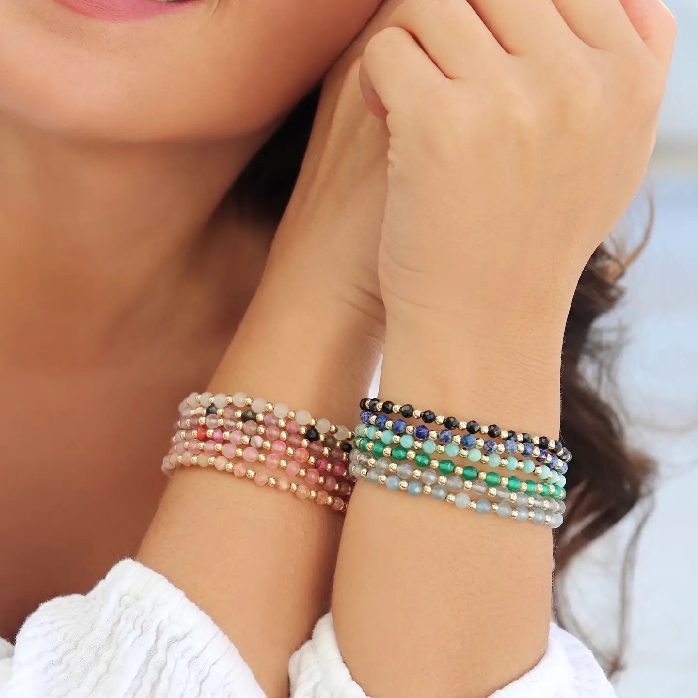 Elley Handmade Stretchy Gemstone Bracelet Gold Filled - Aqua - Kaylie Dawn Jewelry