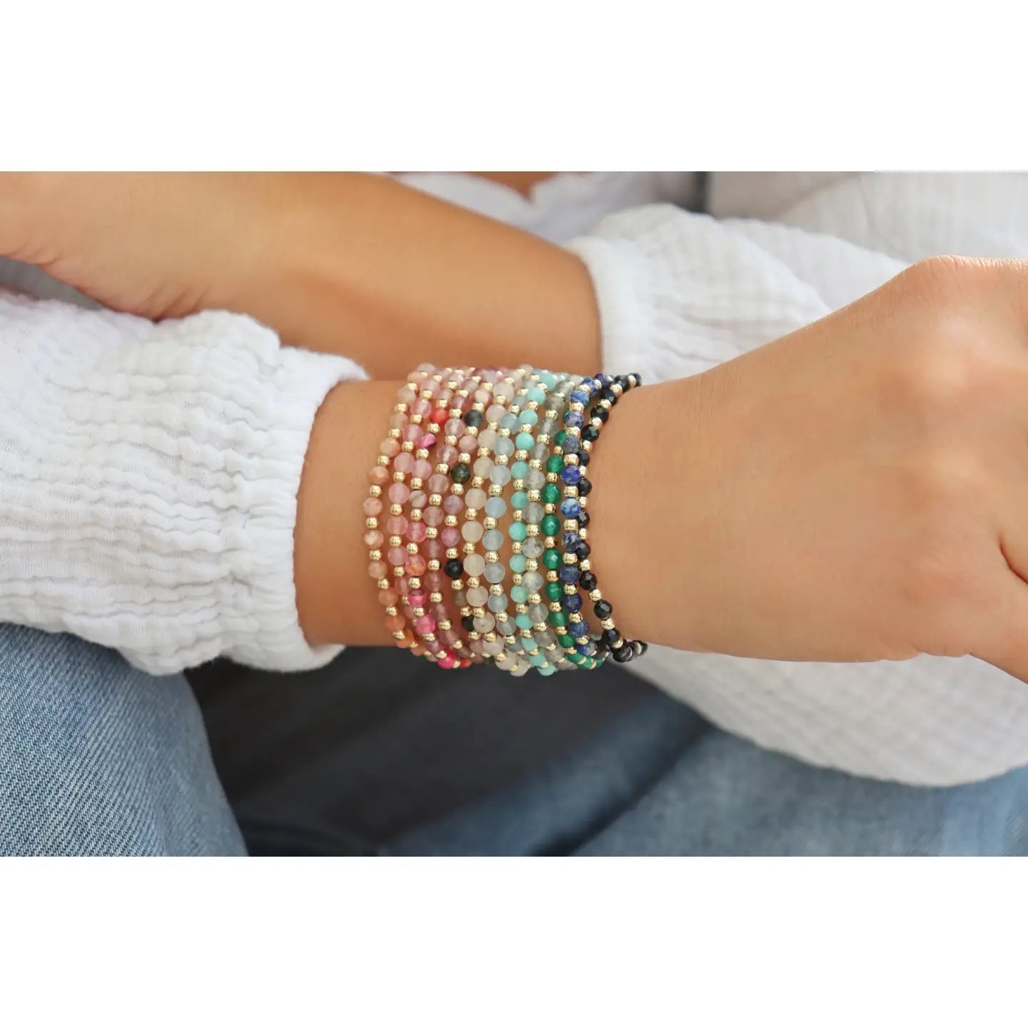 Elley Handmade Stretchy Gemstone Bracelet Gold Filled - Aqua - Kaylie Dawn Jewelry