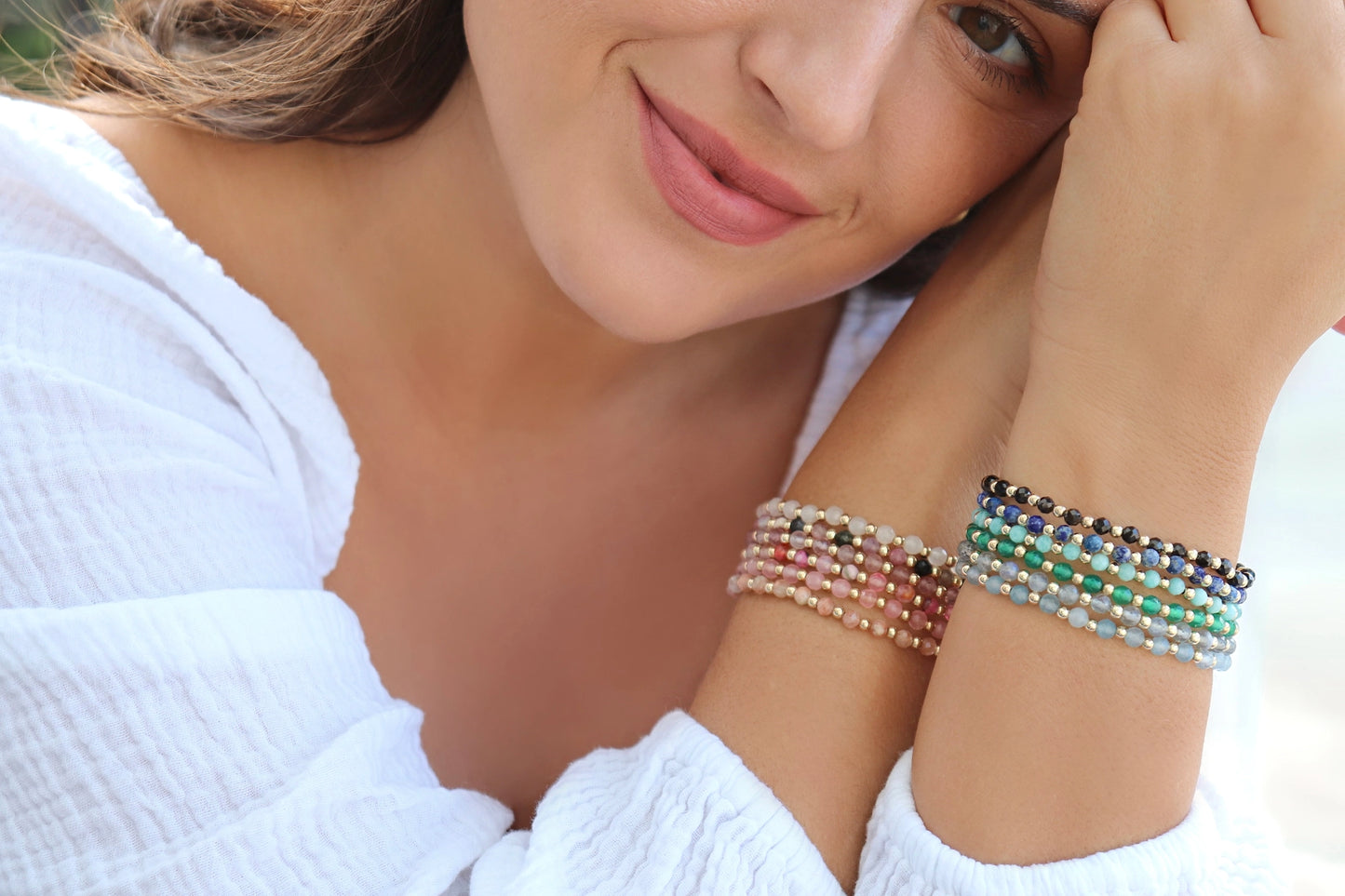 Elley Handmade Stretchy Gemstone Bracelet Gold Filled - Aqua - Kaylie Dawn Jewelry