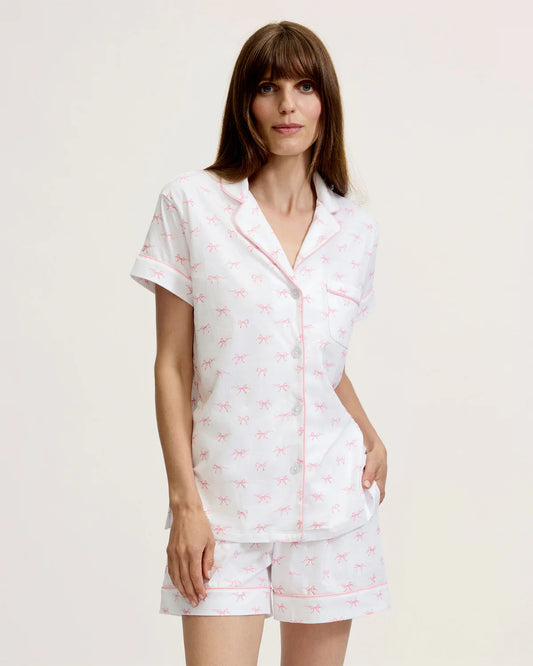 Women's Pima Short Sleeve Short Set in Blushing Bows - Petite Plume