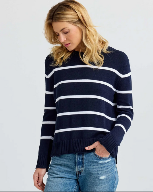 Everyday Cotton Crewneck Sweater - Navy with White Stripes