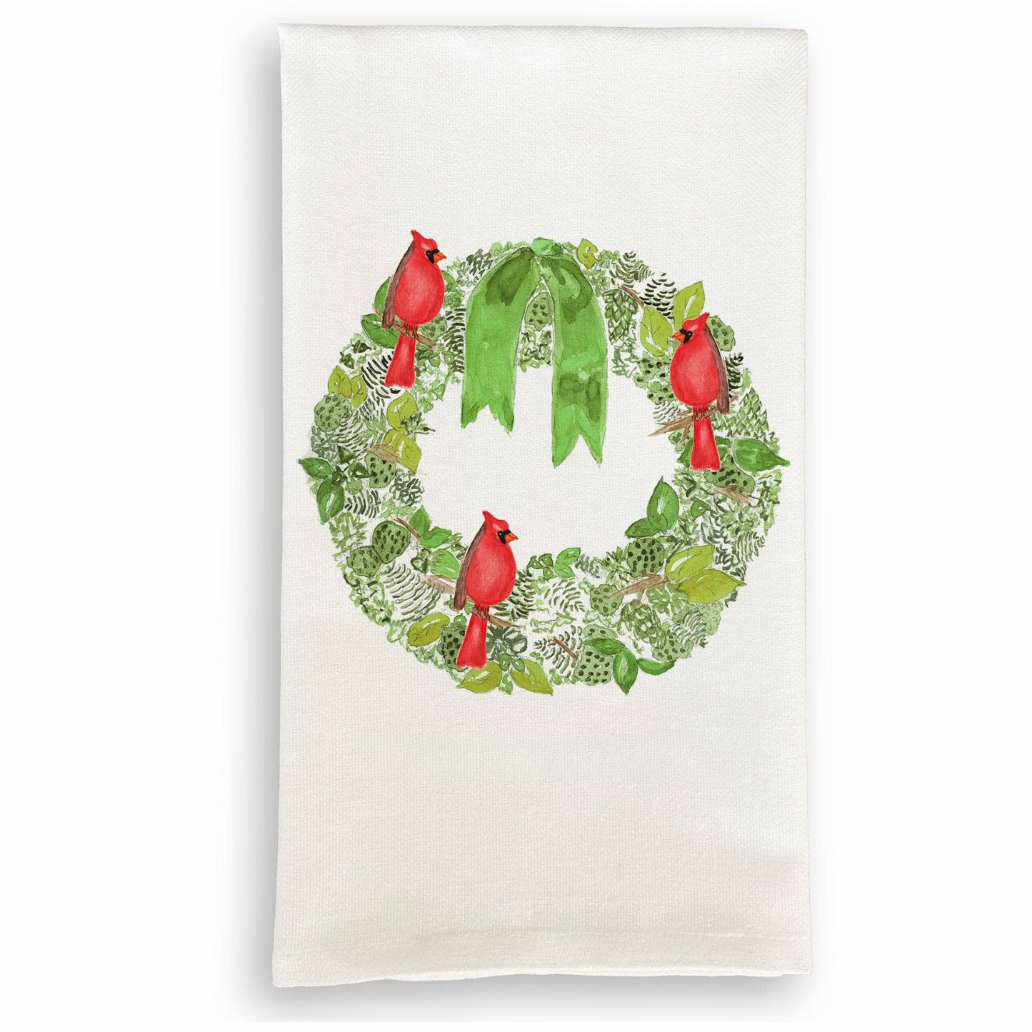Green Wreath with Cardinals Tea Towel