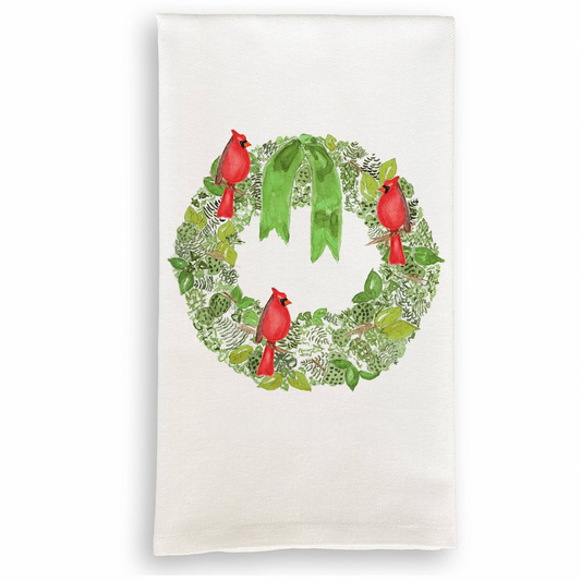 Green Wreath with Cardinals Tea Towel