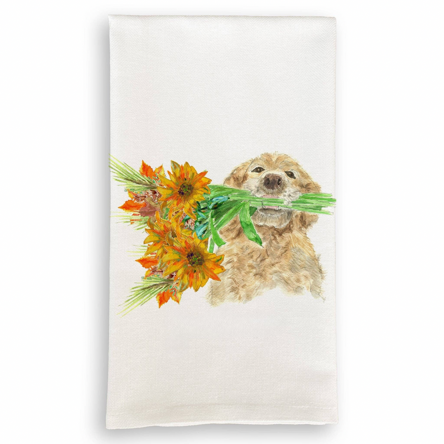 Dog Holding Fall Flowers Tea Towel