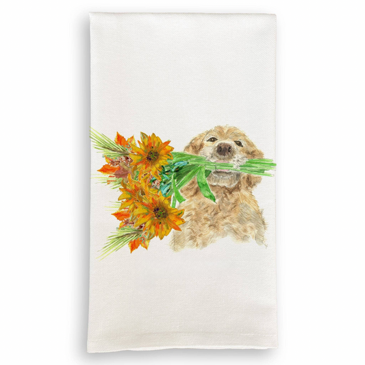 Dog Holding Fall Flowers Tea Towel