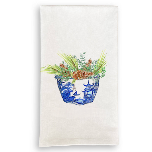 Blue & White Bowl with Christmas Greens Tea Towel