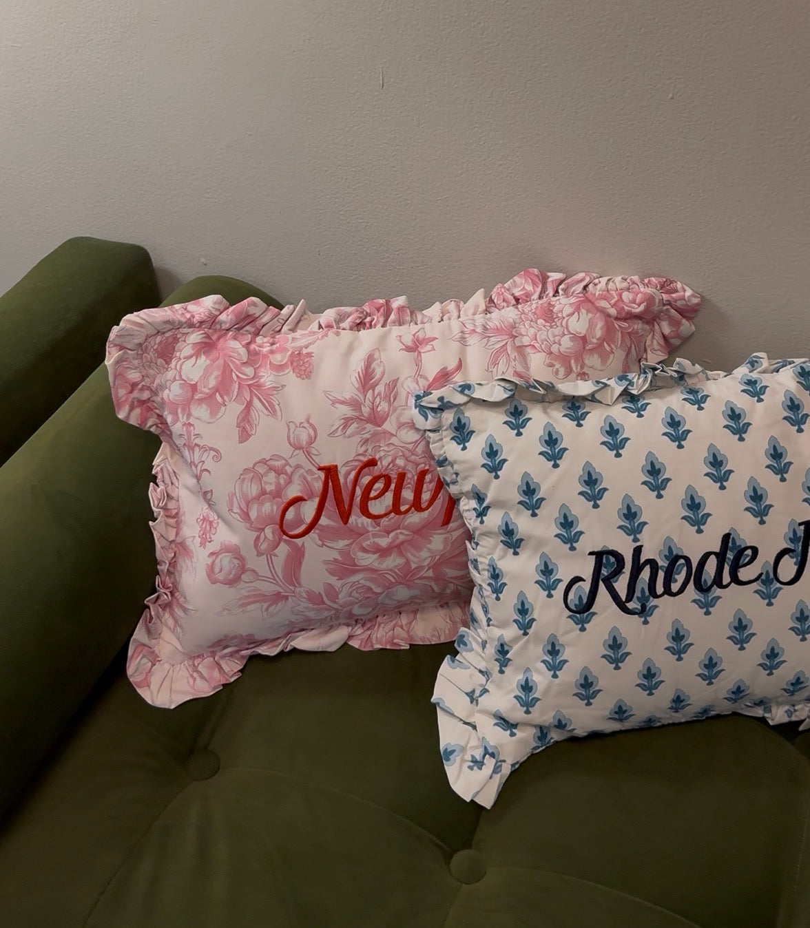 Newport Ruffled Embroidered Pillow - Pink Toile