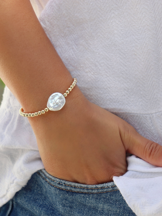Large Coin Pearl Stretchy Bracelet - (Silver or Gold Option) - Kaylie Dawn