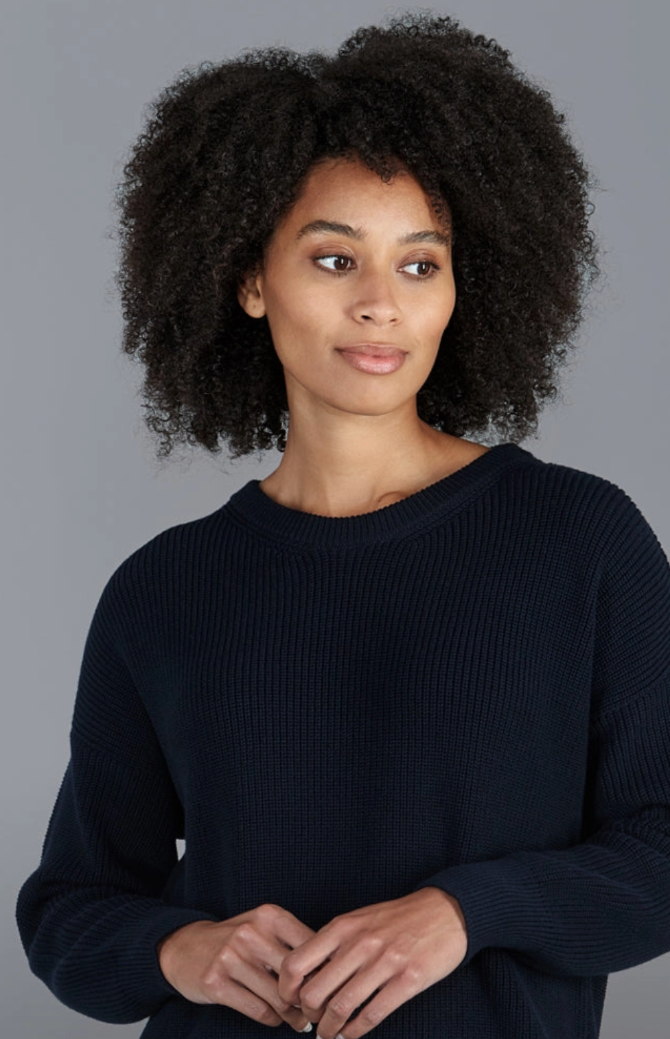 Womens 100% Cotton Ribbed Crew Neck Jumper - Navy - Paul James Knitwear