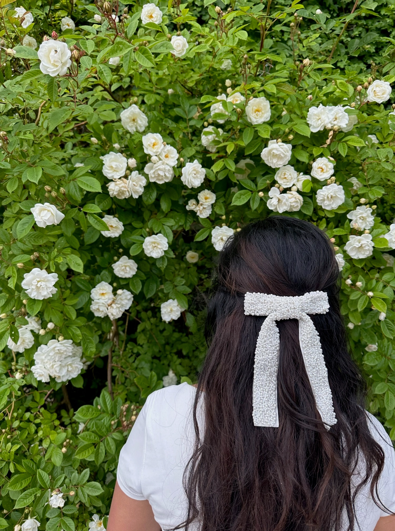Hand-Beaded Pearl Hair Bow Barrette Clip