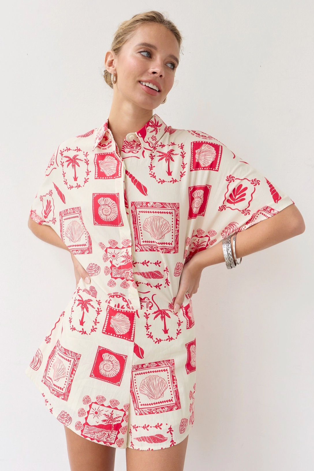 Print Shirt Romper - Red/White